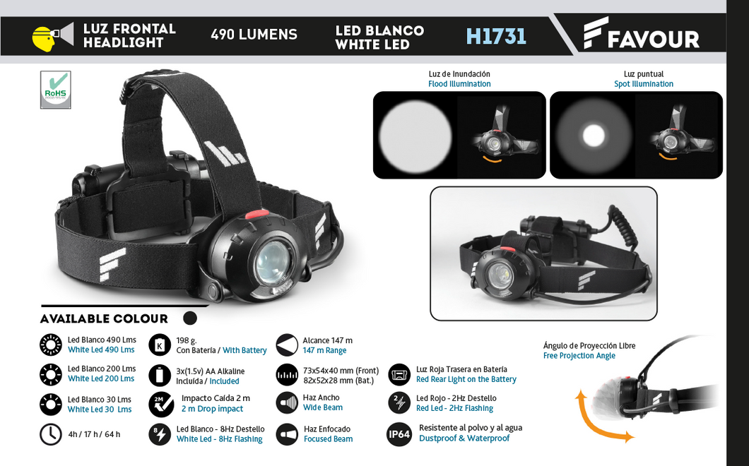 Linterna Frontal FAVOUR. 490 LUMENS